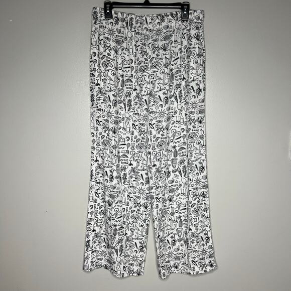 Sincerely Jules Pull On Wide Leg Linen Pants Black White Italian Vacation Sz L - Picture 1 of 10